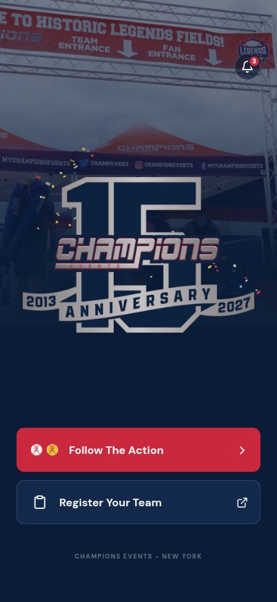 Champions Events app home screen with the anniversary logo and Follow The Action and Register Your Team buttons