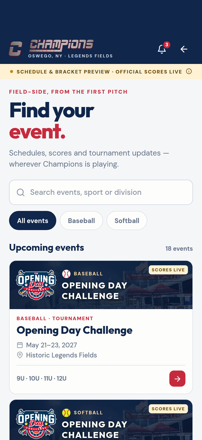Champions Events app tournament-listing screen with search, sport filters and Opening Day baseball and softball events