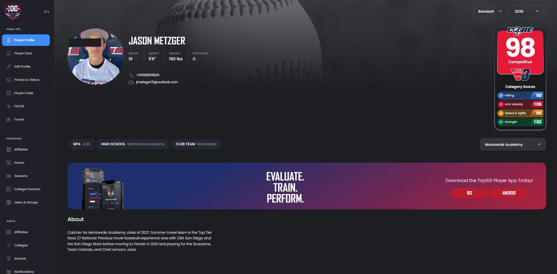 Example athlete profile screen showing a Core4 score badge; personal contact details obscured