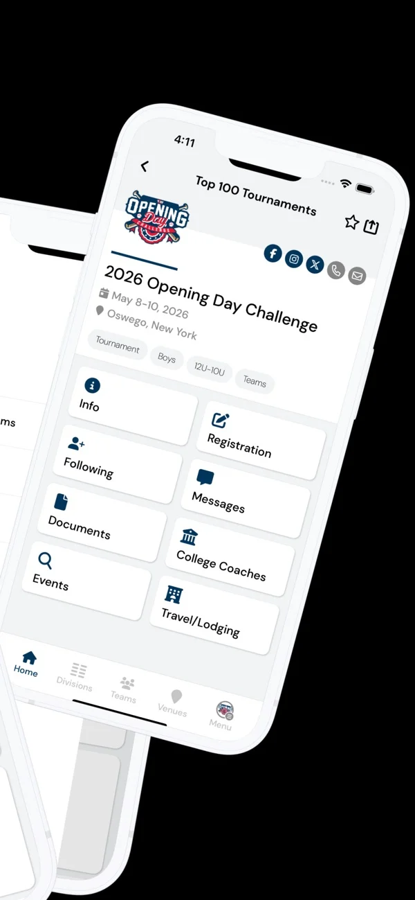 Top 100 Tournaments app on an iPhone, showing a past 2026 Opening Day Challenge event page with info, registration, documents and travel options